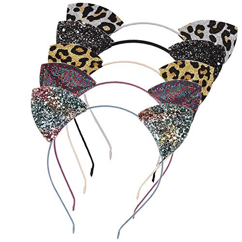 Beauty Delicate Colour Glitter/Leopard Print Cat Ears Hair Headbands Hair Bands Party Decoration for Girls and Women,Assorted Colors,One Size,Pack of 5