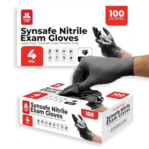 London Labs Synsafe 4 Mil - Black Nitrile Exam Gloves –Disposable Latex Free & Powder Free – Extra Strong, Rubber Gloves – First Aid Kit, Medical, EMT, Cleaning, Cooking | Pack of (200 ct)