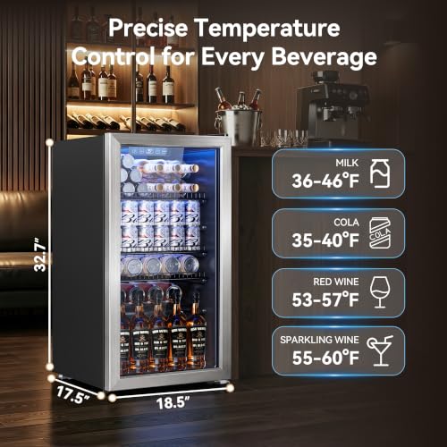Image of Tehanld 3.2 Cu.Ft Beverage Fridge, Mini Fridge With Glass Door, Beverage Cooler Refrigerator, Wine Drink Beer Fridge, Adjustable Shelves & Digital Temperature Display, 26 Bottle 128 Can, Silver