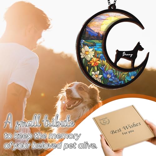 14-SS1 Dobermann Pinscher Gedenk-Sonnenfänger, individueller Name, Haustier-Ornament, Fenster, Auto, zum Aufhängen, Beileidsgeschenk für den Verlust des Haustiers, Gedenkgeschenk für Hundeliebhaber