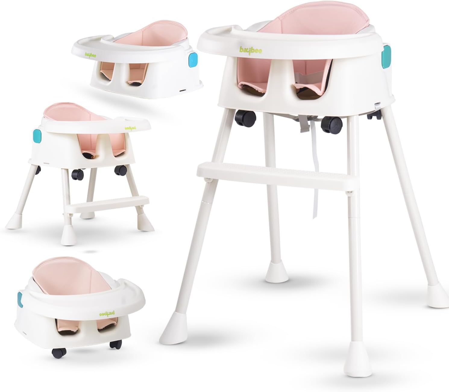 Baybee 4 in 1 Convertible Baby High Chair for Kids | Baby Feeding Chair with Adjustable Height and Footrest with Detachable Food Tray, Five Point Safety Belt Feeding for Boys Girls (Pink)