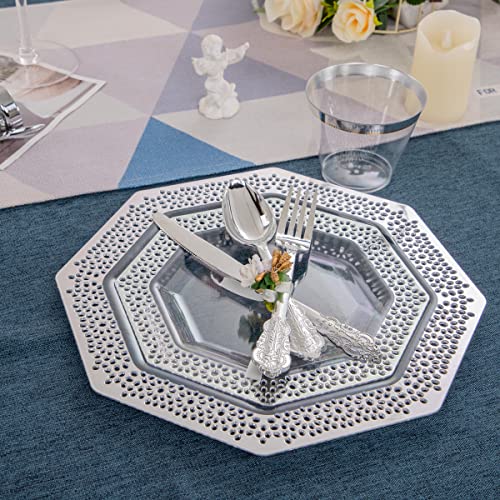 Dayammi 150Pcs Silver Plastic Plates Disposable Clear Plastic Plates With Silver Plastic Silverware Include 30 Party Dinner Plates,30 Dessert Plates,30 Fork,30 Knives,30 Spoon For Wedding Party #TOP2