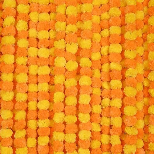 Image of 5 PC - 5 feet Marigold Garland |Indian /American Wedding Party Mantle Decoration, Faux Garlands Wedding Garland, Diwali Decoration, Spring Bush Floral! (Mango & Yellow Mix)