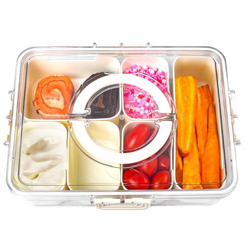Bandesun Divided Serving Tray with Lid and Handle - Clear Organizer for Candy, Fruits, Nuts, Snacks - Perfect for Party, Entertaining - Snackle Box Charcuterie Container for Portable Snack Platters