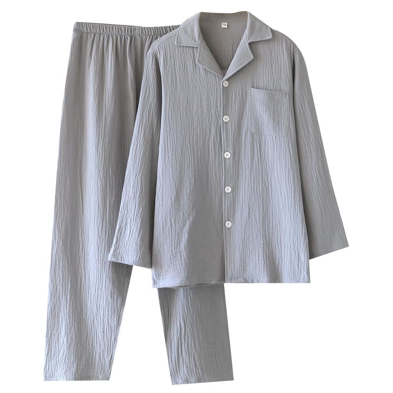 Shanghai Story Men's Cotton Gauze Pajama Set Lightweight Long Sleeve Sleepwear Spring Fall Lounge Set