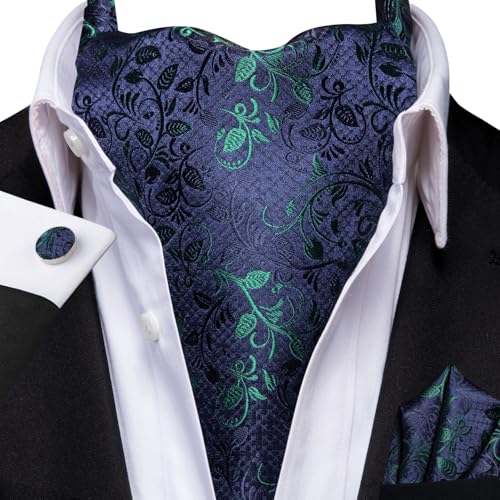 Image of Hi-Tie Silk Ascot for Men Self Tie Men's Cravat and Flower Lapel Pin Handkerchief Cufflinks Set for Wedding Party