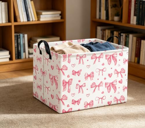 Image of Rectangular Valentines Basket for Women Girls Storage Bin Organizer Box Shelf Room Decor(Heart Bowknot)