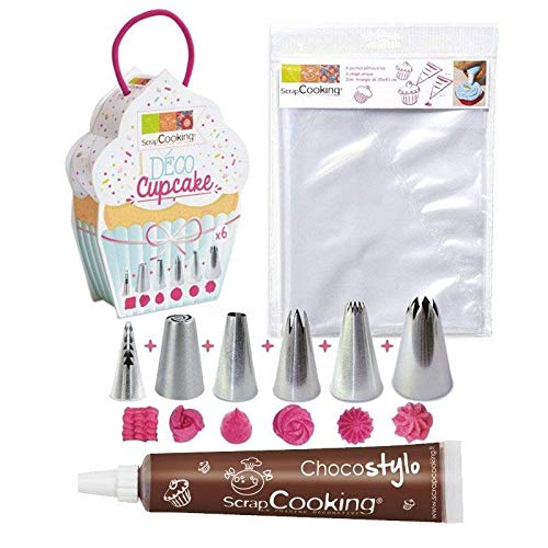 Kit Cupcakes : 6 douilles et 6 poches jetables avec un stylo chocolat inclus