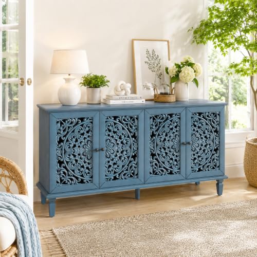 Image of Blue Sideboard Cabinet with Carved Doors, Blue Buffet Cabinet, Vintage Cabinet with Storage Shelves, Farmhouse Storage Cabinet for Dining Room, Living Room & Entryway