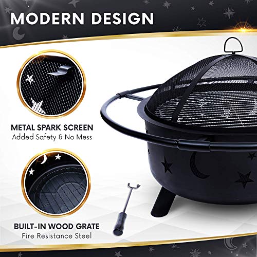 Project One Outdoor Fire Pit - 30 Inch Round Bonfire Wood Burning Patio & Backyard Firepit For Outside With Cooking Bbq Grill Grate, Spark Screen, And Fireplace Poker #TOP5