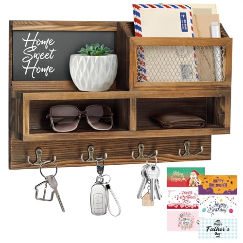HOMEBROS Key Holder Wall Mount, Wooden Mail and Key Organizer with Chalkboard and Mirror, 3 Greeting Cards, 8 Hooks, Brown