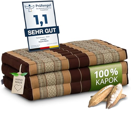 livasia Nachhaltige Matratze aus Kapok - 140x70x8cm - Klappmatratze, Camping Matte faltbar, &ouml;kologische Yogamatte klappbar, Liege f&uuml;r Garten und Balkon (Braun)