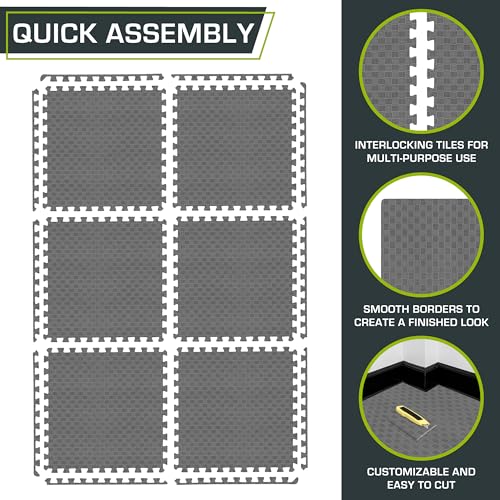 Image of ProsourceFit Exercise Puzzle Mat 1-inch, Checkered EVA Foam Floor Tiles w /Non-Slip Texture, Interlocking Design for Adjustable Gym Surfaces, Shock Absorbing, Grey, 24 SQ FT - 6 Tiles