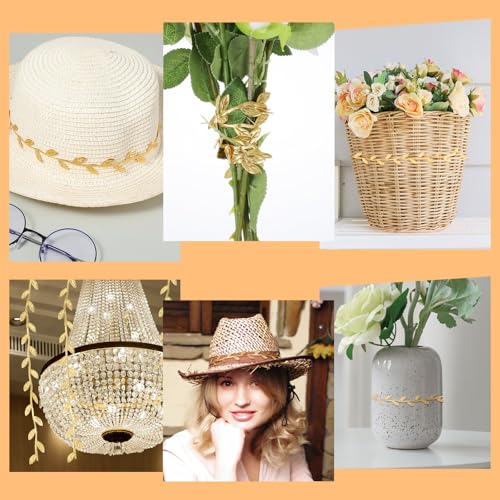 DOPENSPI 20M Blätter Streifen Geschenkband, Gold Geschenk Luftschlangen Künstliche Pflanzen Bänder Künstliche Reben mit Blatt Goldene Hochzeit Deko für DIY Handwerk Hochzeit Party Dekoration