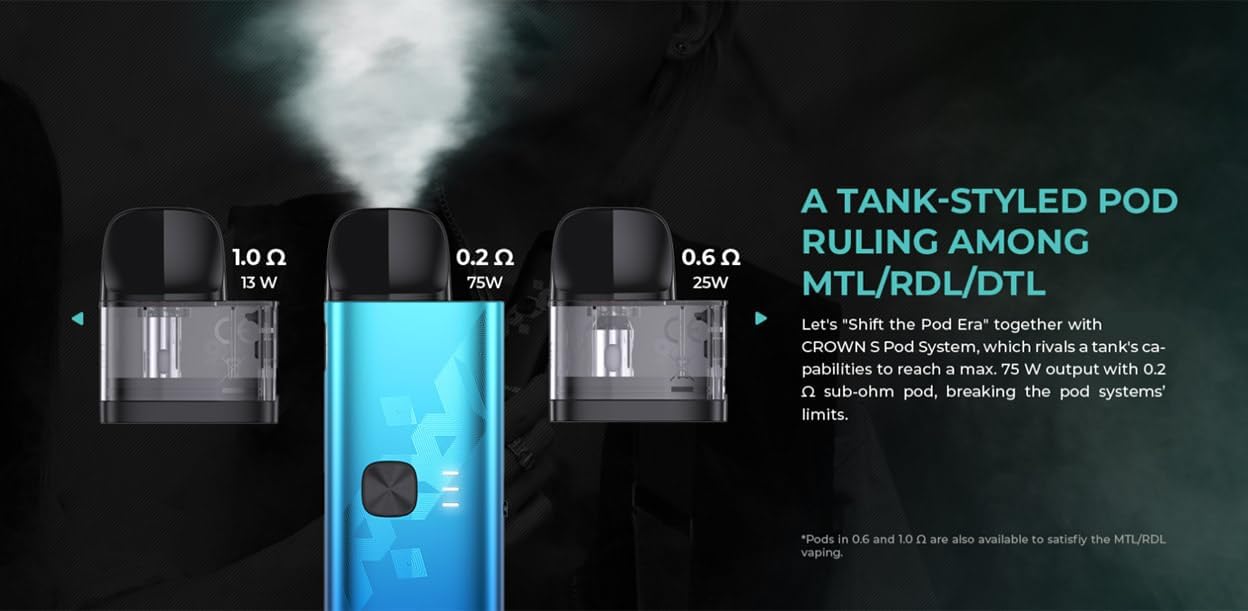 Uwell Crown S Pods with different coil resistances and recommended wattages