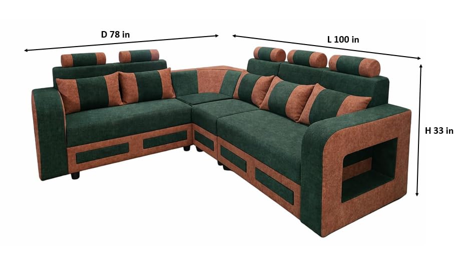 Image of APRODZ Solid Wood 6 Seater Sofa Set Velvet Fabric Sectional L Shaped Sofa for Home Office Guests Living Room Cushioned Seating for Home & Lounge Use (Green & Brown)