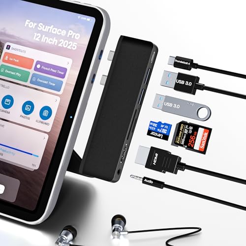 Surface Pro 12 Docking Station Hub, Surface Pro 12 Accessories with 4K HDMI, USB-C Thunerbolt 4 (4K60Hz Video+Data+100W PD), 3.5mm Audio, SD/TF, 2*USB 3.0 Hub for Microsoft Surface Pro 12 inch 2025