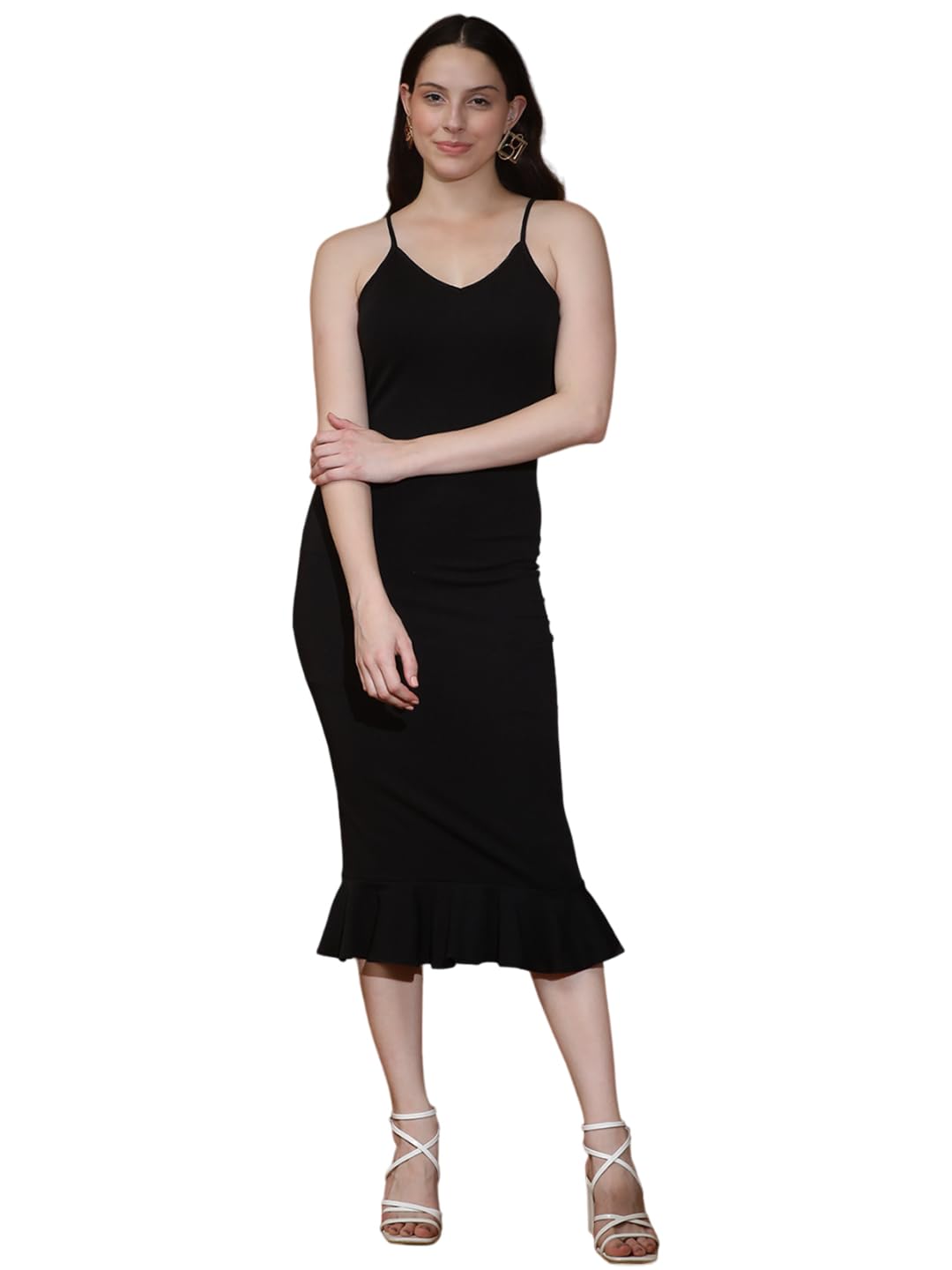 Kotty Women's Shoulder Straps Bodycon Midi Dress(Black,L)