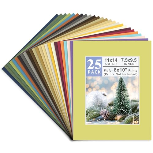 Golden State Art, Pack of 25, Acid-Free Mixed Colors Pre-Cut 11x14 Picture Mat for 8x10 Photo with White Core Bevel Cut Frame Mattes