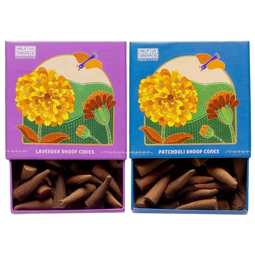Image of Natural Incense Fragrance Lavender and Patchouli Dhoop Cones with Holder (80 pcs) | Havan for Pooja, Home & Festivals I Natural Guggal /Loban Original |Pack of 2 (40 Cones /Pack)