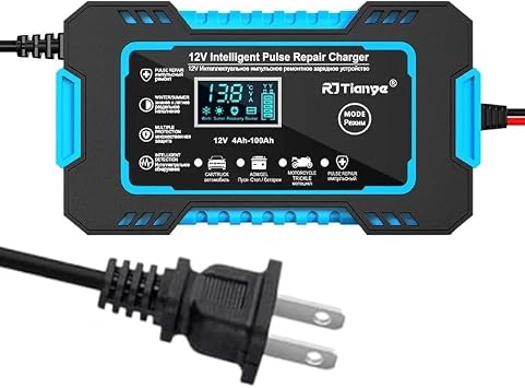 12V 6A Car Battery Charger, Motorcycle Battery Charger, Fully Automatic, Intelligent Fast Charging, LCD Digital Display, Lead-Acid Battery Including Calcium, Gel, AGM, EFB, etc.