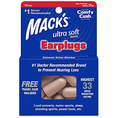 Macks Safesound Ultra - Soft Foam earplugs - 10 Pairs - Free Travel Case (10 Pairs) Cover