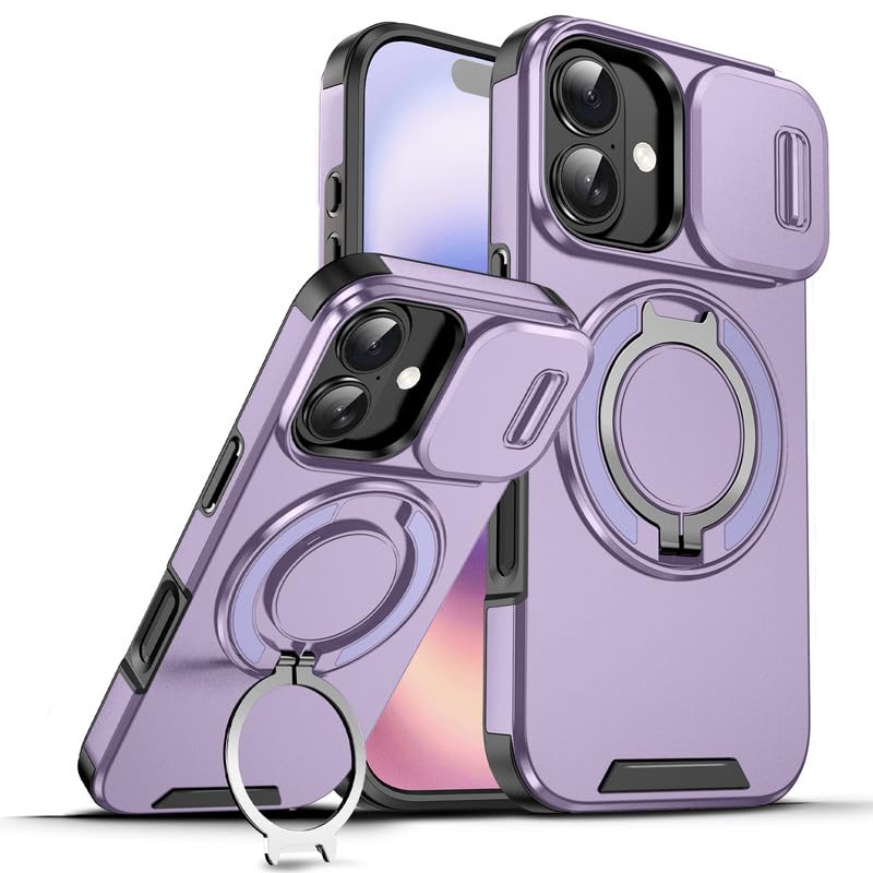 Image of LuxuryKase Shockproof Rugged Case for iPhone 17 | Slide Camera Cover | 360 Rotating Ring Kickstand | Military-Grade Protection - Lavender Purple