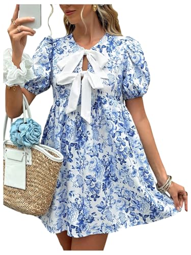 Floerns Women's Bow Puff Sleeve Tie Front Dresses Floral A Line Summer Short Babydoll Dresses