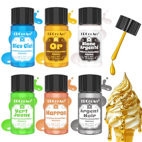 Paillettes Comestibles - ERCorArt 6 Couleurs Liquide Paillette Alimentaire pour Gâteaux, Peinture Alimentaire pour Cocktail, Biscuits, Macarons, Bonbons, Boissons - 12 g