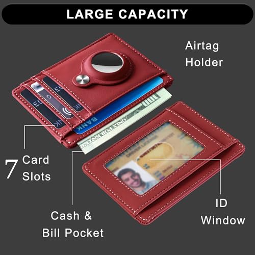 Image of Hawanik Slim Minimalist Front Pocket AirTag Wallet, RFID Blocking Card Holder with AirTag Holder, Red, Minimalist