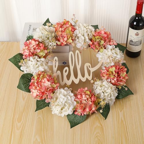 Besshepplo Corona decorativa para puerta de Halloween con flores artificiales, hortensias, para colgar en la puerta, para fotografía, exhibiciones al por menor, plástico (estilo arroz rosa)