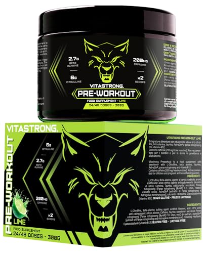 Pre Workout Booster Puissant 300g Goût Lime, Vegan Preworkout, Vitamine B12, L Citrulline, Beta Alanine, Cafeine, Taurine, AstraGin, Vitastrong Pre Workout (24 portions (paquet de 1), Lime)