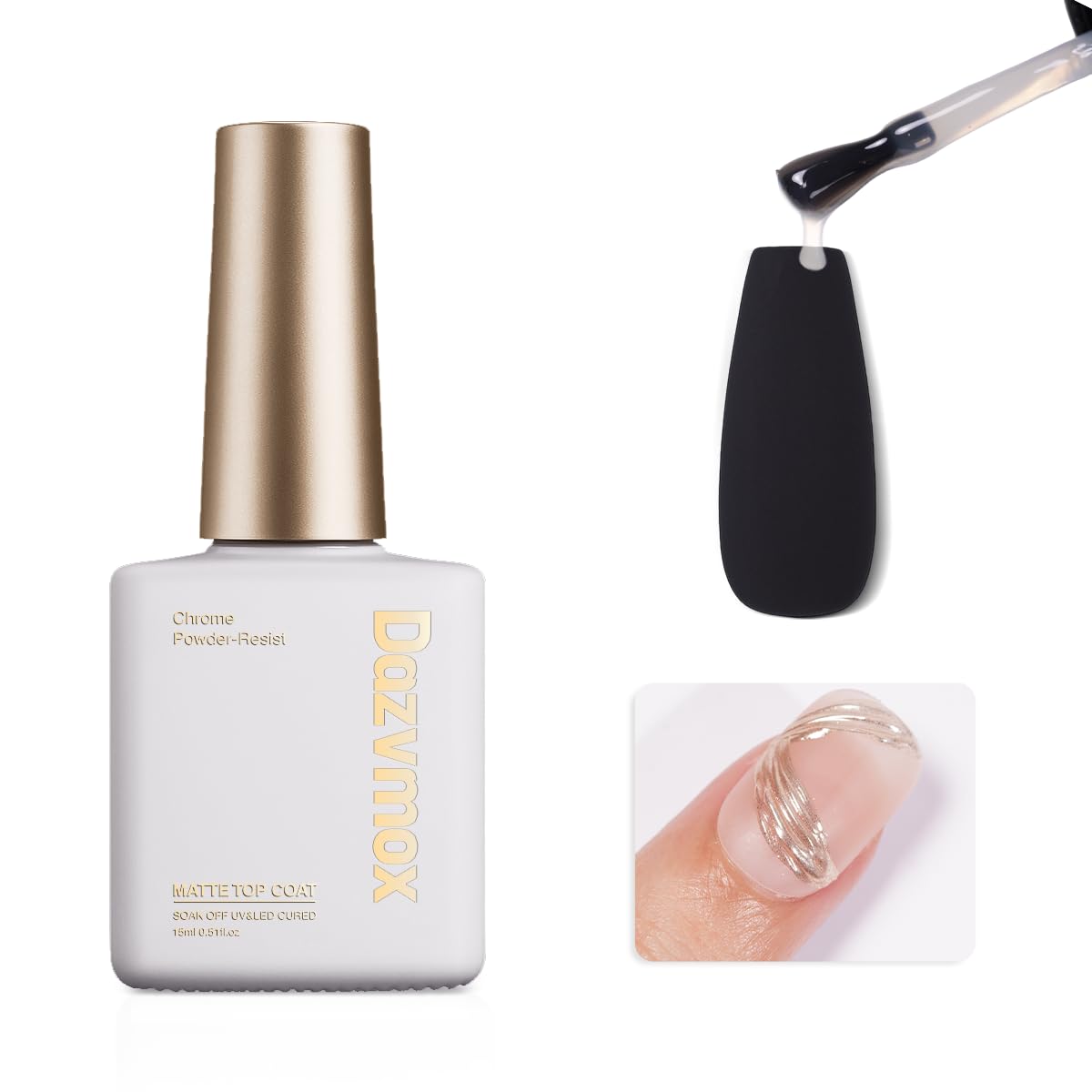 Dazvmox Matte Gel Top Coat, 15ml Hema Free Powder-Resist Top Coat Gel Nail Polish for Chrome Powder Design Long-Lasting Matte Finish UV DIY Nail Art Home Salon