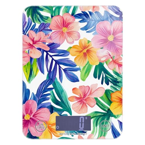 Báscula digital de alimentos con pantalla LCD de flores tropicales de verano para cocina, 11 libras/5 g, báscula de gramo de cocina de 5 kg/5 g con 4 unidades para hornear dietas (pilas no incluidas)
