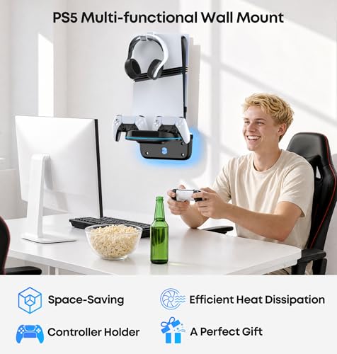 Image of P5 Wall Mount Kit Cooling Station with Dual Controller Charger, Floating Shelf Behind TV for P5 /Slim /Pro, Wall Bracket Compatible with P5 Disc & Digital, 9 RGB Lights P5 Fan Accessories, Black