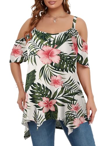 Image of LARACE Cold Shoulder Tops for Womens Summer Clothes Spaghetti Strape Tunic Oversized Shirts Asymmetrical Plus Size Blouse