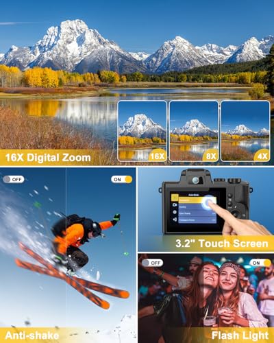Image of 8K Digital Cameras for Photography, 88MP WiFi Vlogging Camera for YouTube Autofocus with 3.2 inch Touch Screen,Dual Camera,Flash,16X Digital Zoom Travel Cameras Anti Shake with 64GB Card,2 Batteries