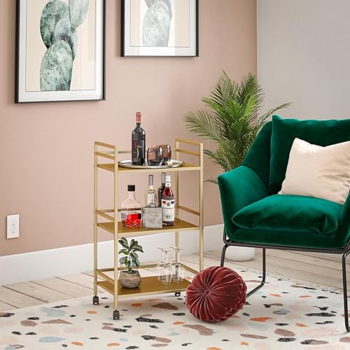 Image of WINSTAR Metal Rolling Trolley with Lockable Wheels | Heavy Duty Multifunctional Metal Frame Cart | Ideal for Home, Kitchen, Bathroom and Office Storage | (Gold, 3-Tier)