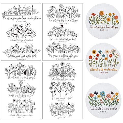 Water Soluble Hand Sewing Stabilizers - 4 Sheets Flower Stick and Stitch Embroidery Designs 12 Pcs Floral Christian Bible Patterns Wash Away Embroidery Stabilizer for Hand Sewing Lover Beginners