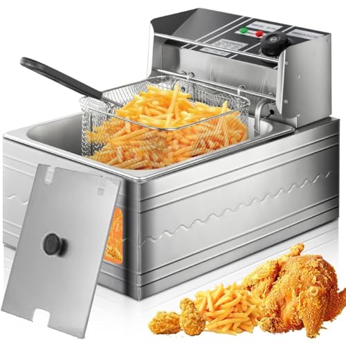 Friggitrice Professionale in Acciaio Inox con Controllo della Temperatura, cestello e Coperchio, Facile da Pulire per cucine Professionali e ristoranti, 5,5 l e 5,5.5L