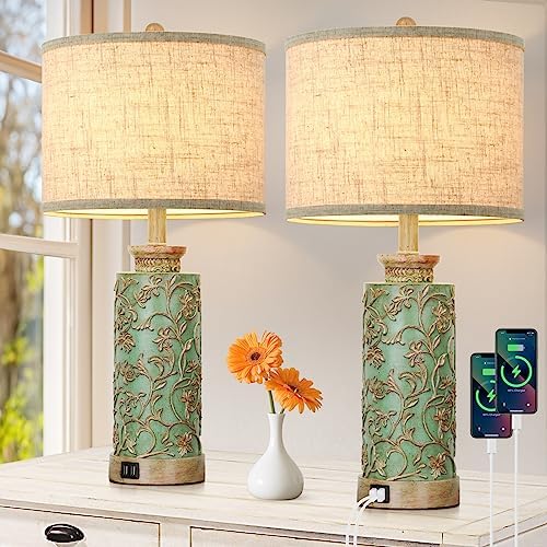 Table Lamps Set of 2 for Living Room Bedroom, Farmhouse Bedside Lamps with 2 USB Charging Ports, Tall Vintage Nightstand Lamps with Handmade Resin Base and Fabric Lampshade for End Table, Green Blue