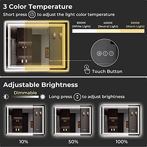 Awandee 36X28 Led Bathroom Mirror With Lights, Dimmable Lighted Vanity Mirror With Front And Backlit, Large Anti-Fog Led Vanity Mirror For Wall With 3 Colors, Memory, Shatter-Proof,Horizontal/Vertical #TOP3