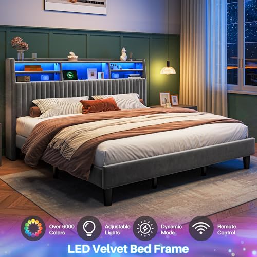 King Size Bed Frame, Velvet Bed Frame with Charging Station and LED Lights, Vertical Channel Tufted Headboard with Storage Shelves, Wooden Slats, Noise Free, Grey - Image 5