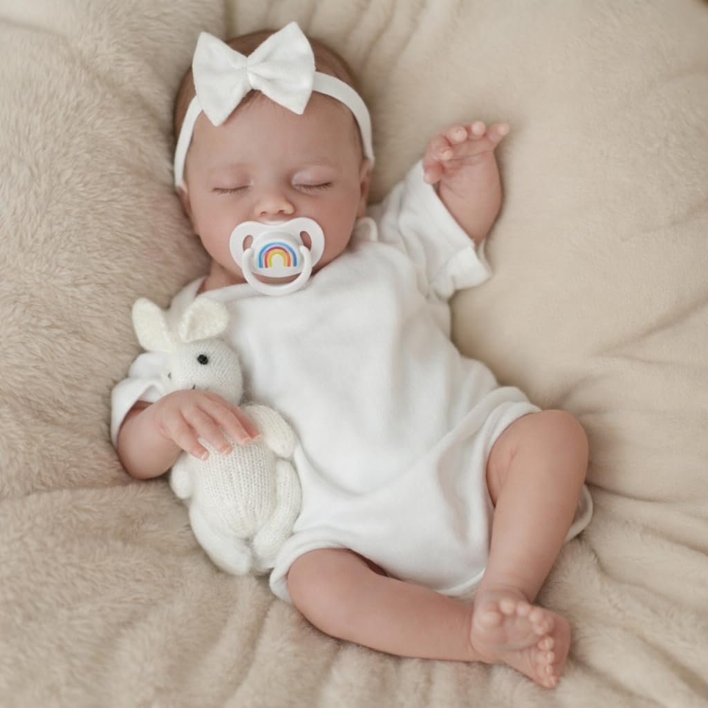 SCOM 18" Sleeping Reborn Baby Doll Girl – Realistic Newborn Sleeping Baby, Soft Weighted Cloth Body & Vinyl Limbs, with Cute Feeding Accessories Toy, Lifelike Toy for Kids Age 3-8