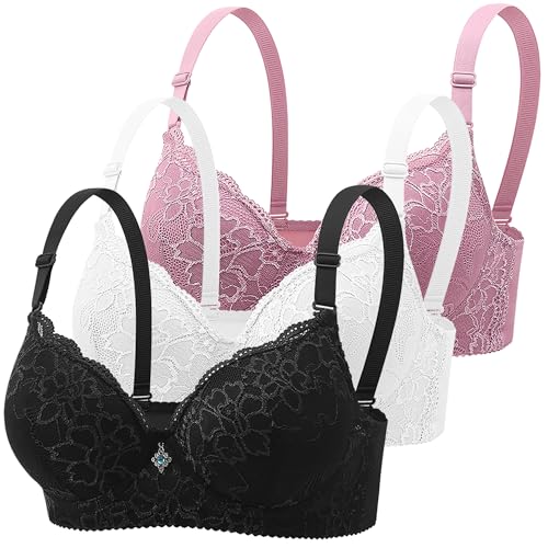 Lot de 3 Soutien-Gorge Femme Avec Armature Dentelle Élégant Brassière Grande Taille Couverture Complète Push Up Confortable Respirant Lingerie Quotidien...