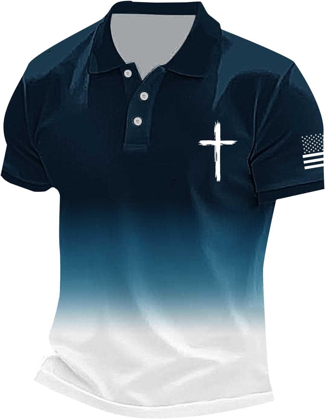 Mens Polo Shirt Gradient Christian Jesus Faith Cross American USA Flag Golf T-Shirts Casual Short Sleeve Work Tops