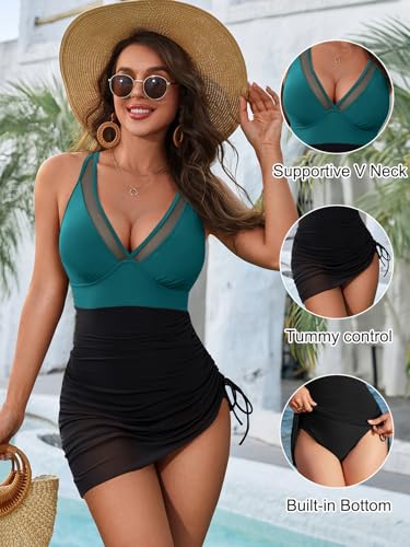 Image of Blooming Jelly Women One Piece Swim Dress Tummy Control Swimsuits Slimming Mesh Sheer Sarong Wraps Bathing Suit