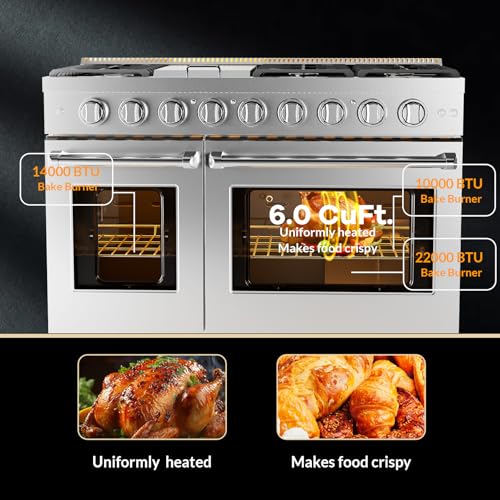 48 Inch Gas Range, Full Gas Freestanding Range with 6 Sealed Burners Cooktop & Cast Iron Grates & 7 Cu.Ft. Double Convection Oven, Stainless Steel Gas Range Stove for RV, Silver