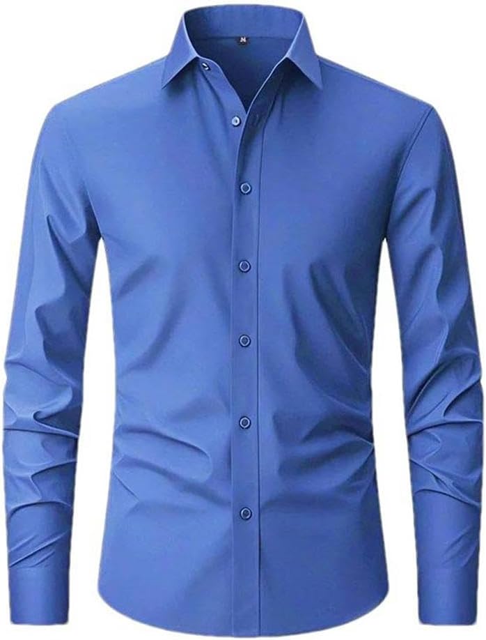 Men's Shirt Long Sleeve Lapel Anti-Wrinkle Stretch Single-Breasted Cardigan Office Work Solid Color Stand-up Collar Shirt