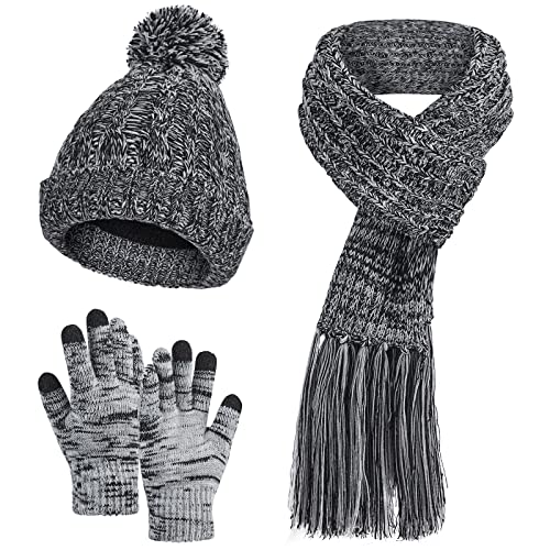 Missshorthair Women's Beanie Hat 3 In 1 Warm Long Scarf Touchscreen Glove Set Of 3 Winter Thick Chunky Knitted Pom Pom Cap（Black） #TOP26